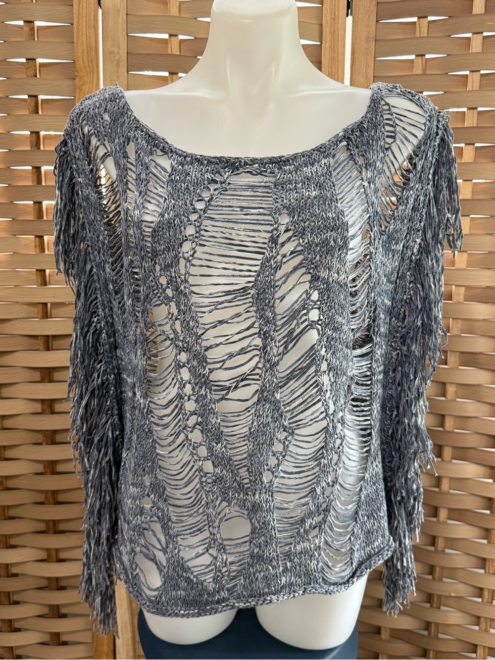 FREE PEOPLE Large Open Knit Crocheted Seam Fringe Shell Tank Top